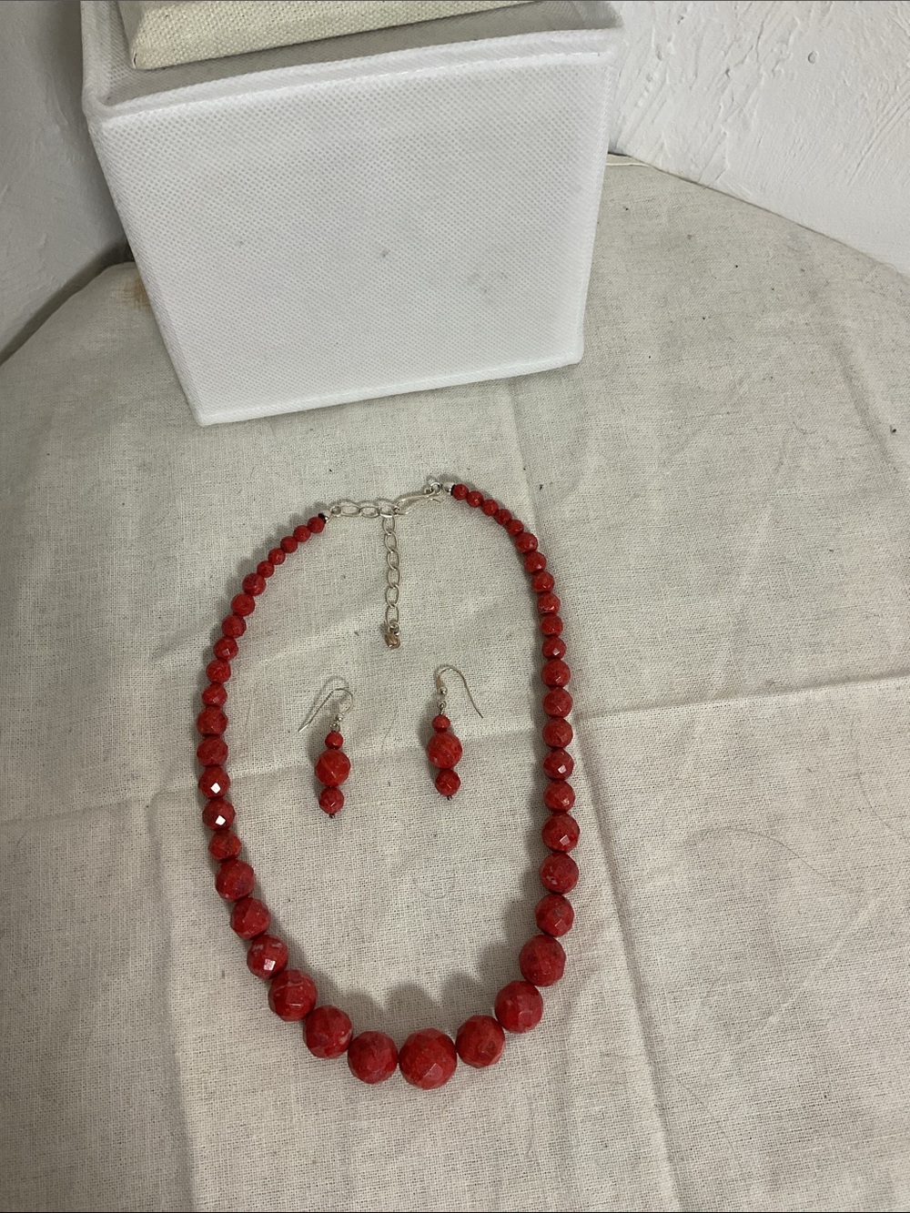 Red Sponge Coral Faceted Bead Statement Necklace & Earring Set